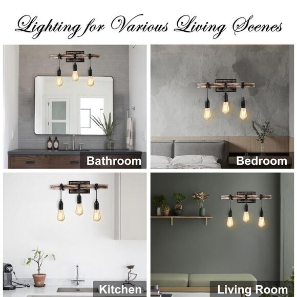 1 Betisa 3-light Antique Black/Gray and Faux Wood Grain Finish - Picture 4 of 6